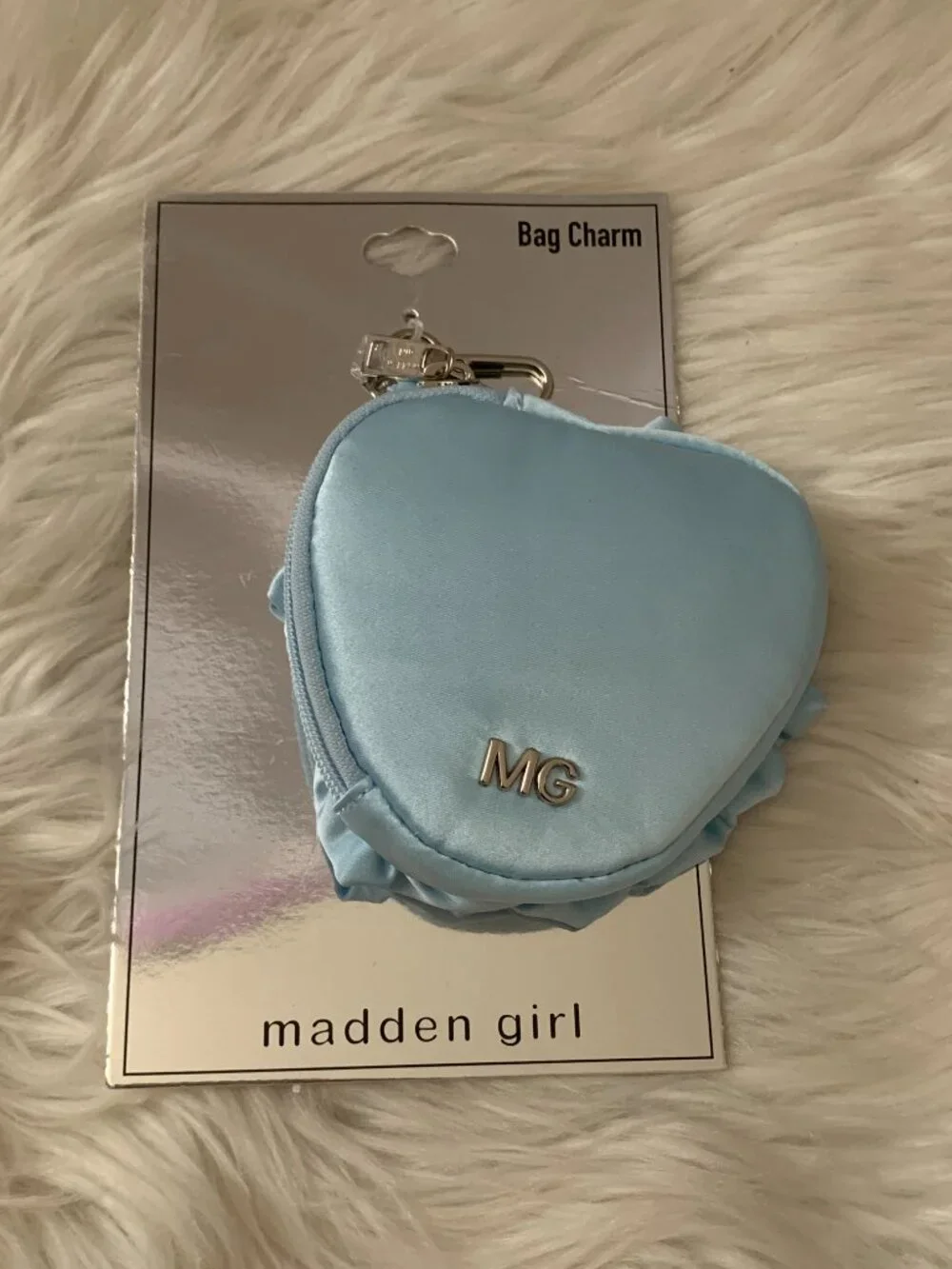 MADDEN GIRL Rosalie Satin Coversation Heart Coin Bag Charm in Baby Blue